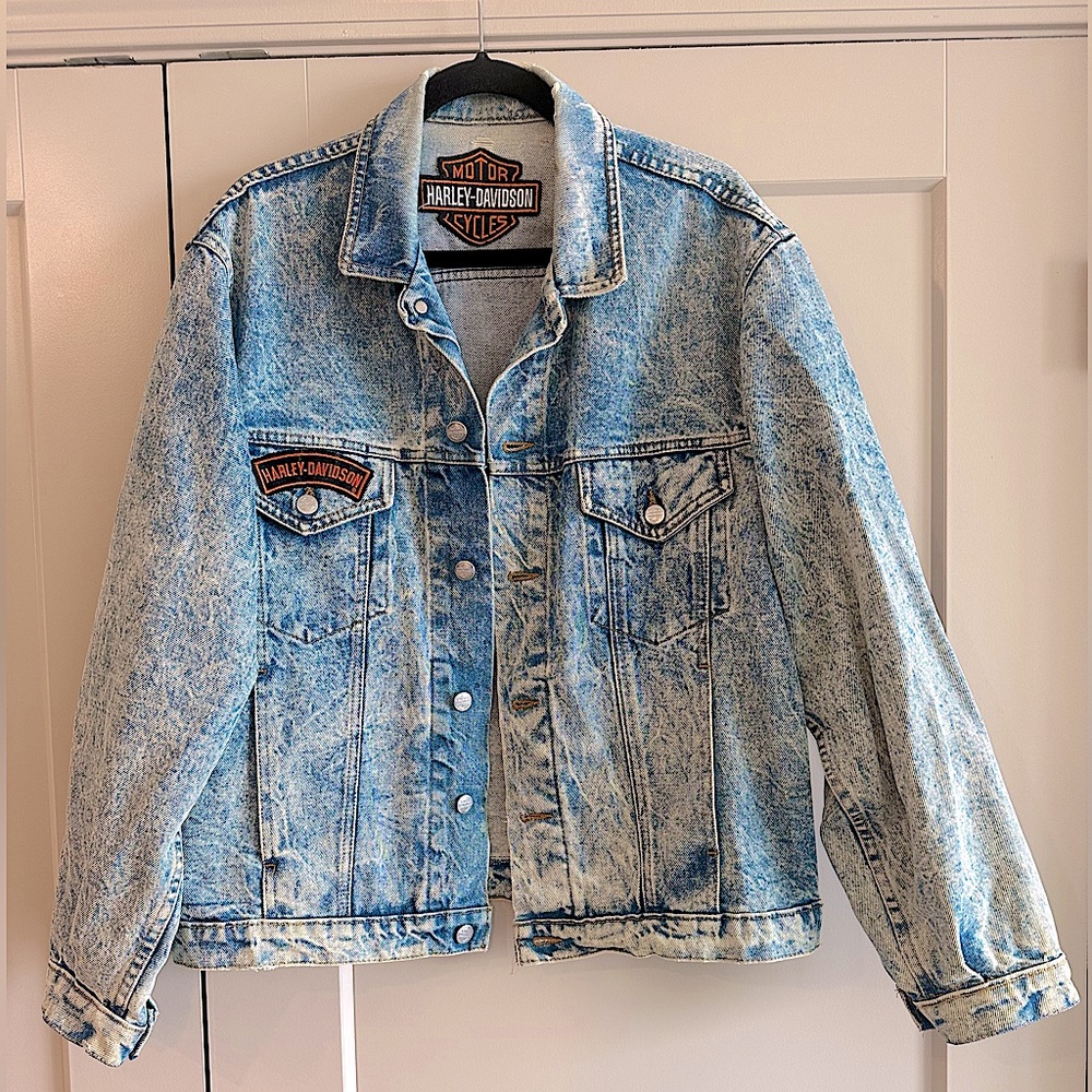 Vintage Harley Davidson Acid Wash Jean Jacket.